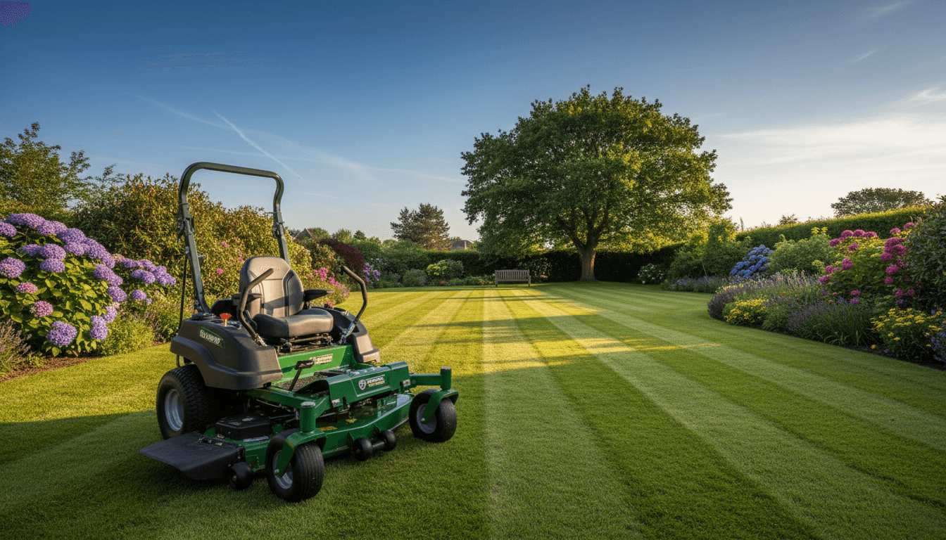 A perfectly maintained residential garden with fresh-cut lawn stripes in Grimsby