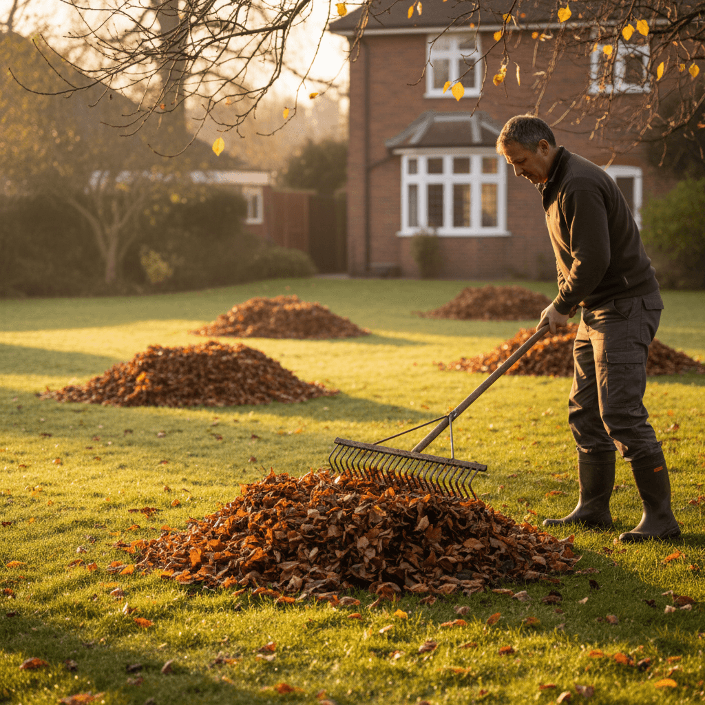 Autumn leaf removal and garden cleanup