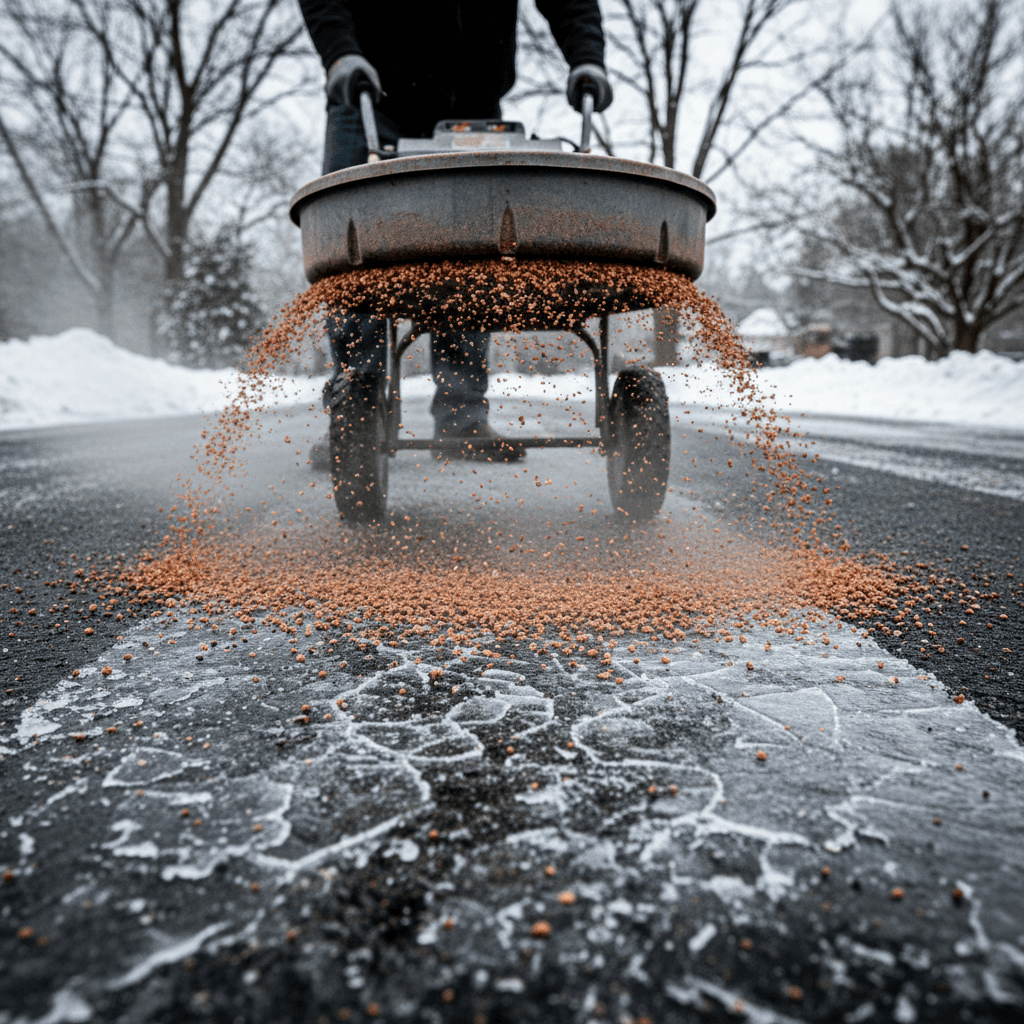 Professional application of de-icing grit to icy surface