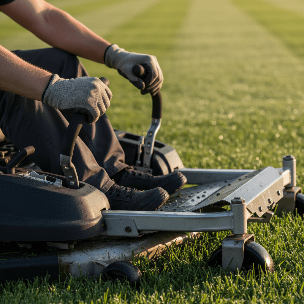 Close-up of professional lawn care equipment in use