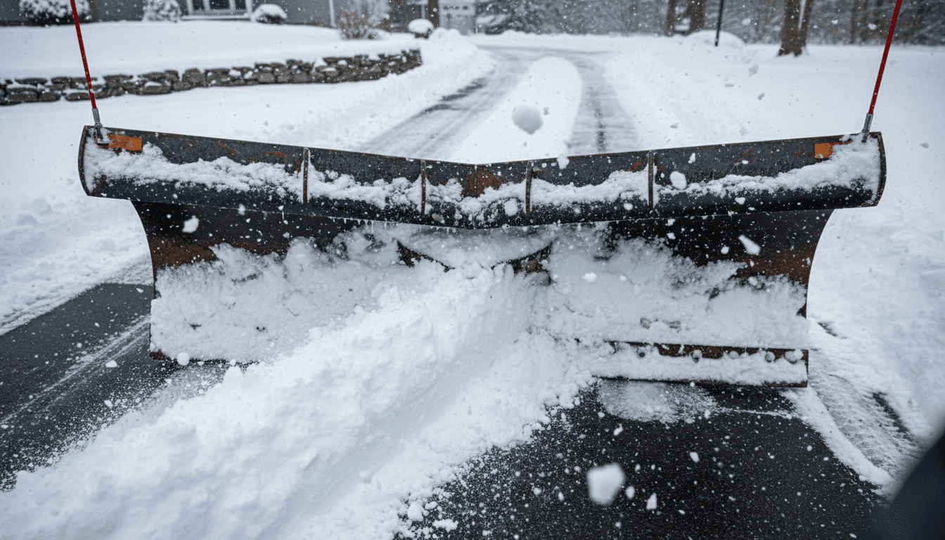 Snow removal and deicing specialist working on winter driveway